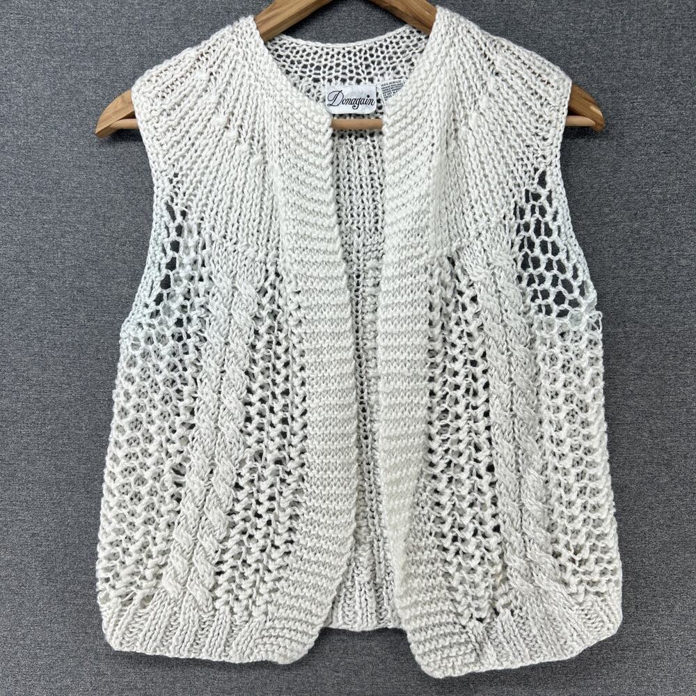 Vintage Donagain Knit Vest Womens Small Open Front Cream Textured Sweater READ